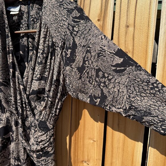 Vintage Dress 80s does 40s Abstract Print Long Sleeve Draped Dress Dark Print - Picture 5 of 12